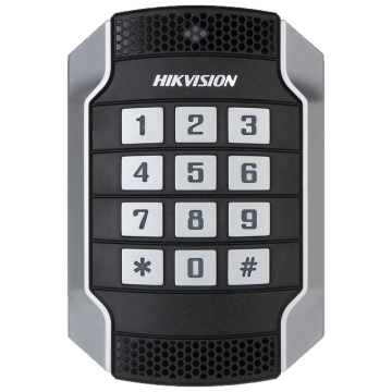 Leitor de acesso - Acesso por cartão MF e PIN - Indicador LED e acústico - Wiegand 26/34 | RS485 - Compatível com os controladores Hikvision - Adequado para uso exterior IP65 | IK10