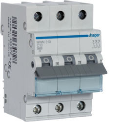 MWN310 - Interruttore automatico 3P 10A C 3kA 3M HAGER EAN:3250614330735