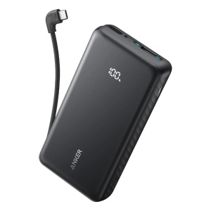 Power Bank leve da Anker - Capacidade 10000mAh - Entrada 1x USB-C e cabo incluído - Saídas 1x USB-C, 1x USB-A e cabo incluído - Carregamento rápido de dispositivos 3 ao mesmo tempo - Cabo incluído: USB-C com ângulo 90°