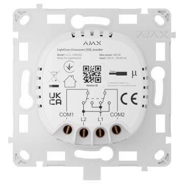 Relais für Abblendlichtschalter – Kabellos 868 MHz Jeweller – Kommunikationsreichweite bis zu 1100 m – Stromversorgung 230 V AC 50 Hz – Kein Neutralleiter erforderlich – Ajax – LightSwitch LightCore (Crossover)