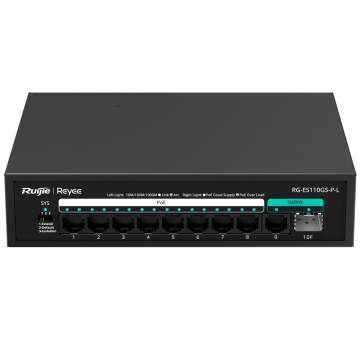 Reyee PoE Desktop Switch – 8 RJ45-Ports + 1 RJ45-Uplink + 1 SFP-Uplink – 8 Gigabit-Ports + 2 Gigabit-Ports – 8 PoE+-Ports 802.3af/at | Gesamtleistung 120 W – Port-Isolierung/Flusskontrolle/PoE-Watchdog – Plug-and-Play