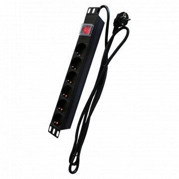 Salida de alimento - Formato em entre bastidores 1U - 6 salidas hasta 250VAC / 16 A máximo. - Cambiar para conectarse/para apagar - Botón de Reanudar a sobrecarga - Color negro