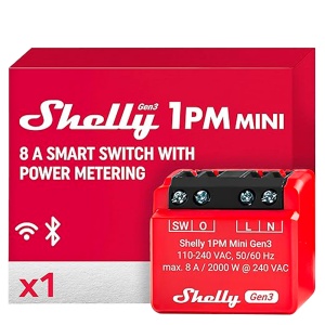 Shelly 1PM Mini Gen3 - WiFi 2.4 GHz IEEE802.11 b/g/n / Bluetooth - Interruptor inteligente - Suporta 110 - 240 VCA / 24 - 30 VCC - Contacto NA, 1 pólo, contacto µ - Compatível com Alexa e Google