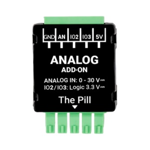 Shelly Analog 0-30 V Add-on - Monitorização precisa da tensão CC até 30 V - Entrada analógica compatível com 0-5 V / 0-10 V - Duas portas digitais de E/S configuráveis - Saída de alimentação de 5 V para sensores - Integração nativa com o Shelly Smart Cont