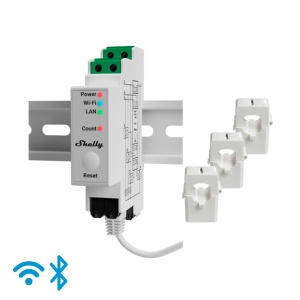 Shelly Pro 3EM 120A - Medição de 3 canais / 3x pinças 120A incluídas - Monitorização de 4 quadrantes (Solar/Rede) - WiFi 2.4GHz / Bluetooth / LAN - Suporta AC 110-240V / Medidor de consumo - Compatível com a Alexa e o Google