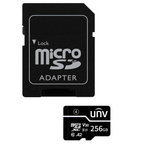 Speicherkarte mit Uniview-Adapter – microSD | Kapazität 256 GB – Klasse 10 | Schreibgeschwindigkeit 35 MB/s – Bis zu 500 Schreibzyklen – exFAT-Format – Ideal für Handys, Tablets usw.