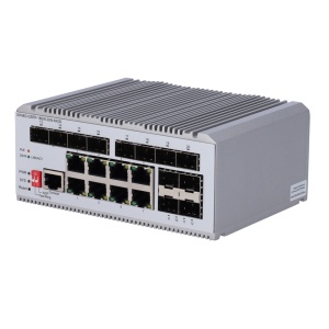 Switch L2+ gerenciável com 8x RJ45 e 12x SFP - 8 portas PoE Gigabit com potência de saída até 30W - 12 ranhuras SFP independentes para alta densidade - Arquitetura industrial sem ventoinha (Fanless) - Roteamento estático IPv4/IPv6 e gestão L2+ - Topologia