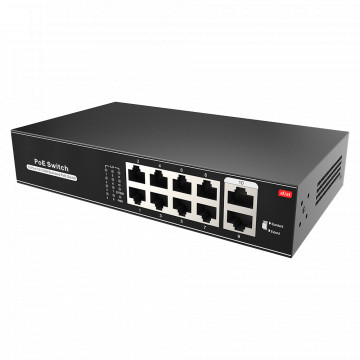Switch PoE - 8 portas PoE + 2 Uplink RJ45 - Velocidade 10/100 Mbps - Funções: Ai VLan/QOS/CCTV Extend/PoE - Padrão IEEE802.3af (PoE) / at (PoE+) - Até 100W no total para todas as portas
