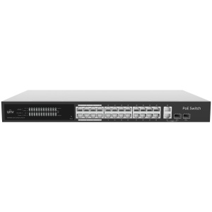 Switch PoE en la nube administrado de capa 2 Uniview - 24 PoE802.3af/at + 2 RJ45 de enlace ascendente + 2 SFP - 24 RJ45 GE + 2 GE + 2 SFP - 30 W por puerto 802.3af/at / Máx. 250 W - VLAN/Aislamiento de puerto/Detección de bucles - Límite de velocidad del puerto
