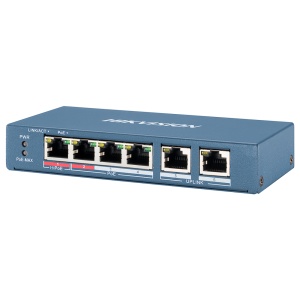 Switch PoE Hikvision - 4 portas 10/100 Mbps PoE + 2 Uplink 10/100Mbps - 1 Porta PoE++ 802.3af/at/bt - Até 110W Potência PoE total - Instalação na parede ou na secretária