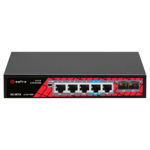 Switch Safire PoE - 4 Portas PoE + 1 Uplink RJ45 + 2 SFP (1G/2,5G) - Velocidade da porta 10/100/1000 Mbps - 4 Portas PoE+ 30W ( porta 4 até 60w ) - Potência PoE total de 65W - PoE Watchdog / Auto PoE Extended To 130m