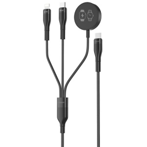 Veger - Cabo USB 2.0 3 em 1 - USB-C para USB-C, Lightning e Smartwatch - Revestimento metálico, Nylon trançado - Comprimento 1.5m - Cor preto