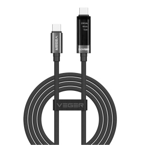 Veger - Cabo USB 2.0 para qualquer dispositivo - USB-C para USB-C - Conector com ecrã multifunções - Carregamento rápido PD 240W | 480Mbps - Comprimento 1.2m | Cor preta