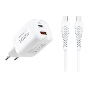 VEGER - Carregador de parede - Carregamento rápido 100W | Com tecnologia GaN - Saídas USB-C, USB-A - Cabo USB-C para USB-C 1.2m incluído - Cor branco