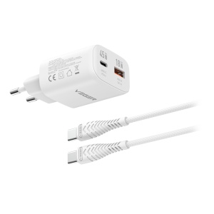 VEGER - Carregador de parede com cabo incluído - Potência 45W | Com tecnologia GaN - Carregamento rápido - Saídas USB-C, USB-A, cabo USB-C - Cor branco