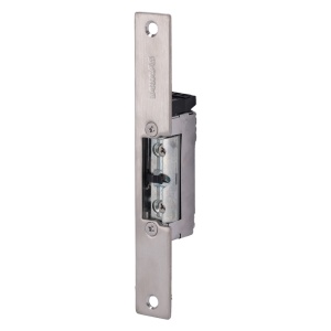 Abreportas elétrico em aço inoxidável Dorcas - Instalação com corte da moldura - Fechadura radial ajustável - NC Fail Safe invertido | Até 330 kg - Alimentação DC 12V
