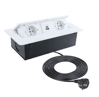 Black socket block with Kombibox Secretary extension cable, 2 sockets + 2 USB, 3 m, white