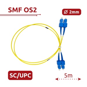 Cabo de ligação de fibra ótica - Fibra monomodo OS2 - Conector SC UPC duplex - Comprimento 5m - Coberta LSZH - Compatibilidade genérica