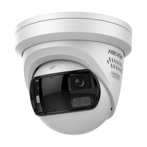 Câmara IP Turret Panorâmica 180º da gama PRO - Resolução 16 Mpx | Lente 2 x 2.8 mm (180º) - Luz híbrida 30m | Sirene e luz intermitente de dissuasão - Áudio | Alarmes | 130 dB WDR | MicroSD - Deteção de movimento 3.0 | AcuSense 3.0 - PoE+ | Grau de proteç