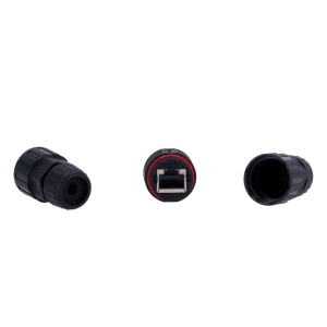 Conector com racor industrial - Conector entrada RJ45 - Conector saída RJ45 - Compatível UTP CAT 6 - IP68 - Cor preto