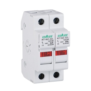 Fusible + Portafusible DC - Tensión máxima DC 1000V - 2 polos - Corriente nominal DC 20A - Para proteger instalaciones fotovoltaicas - Instalación en carril DIN