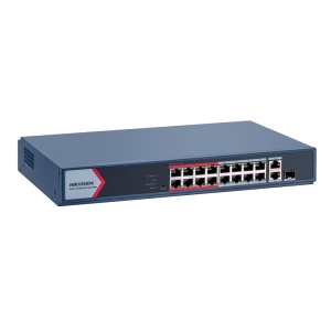 Hikvision PoE-Switch – 16 RJ45 FE-Ports + 1 x GE RJ45 + 1 x GE RJ45/SFP – 16 PoE+ 802.3af/at-Ports – bis zu 130 W PoE-Gesamtleistung – PoE Extended / PoE Watchdog / Port-Isolation – Rack-/Wand-/Desktop-Installation