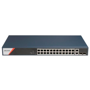 Hikvision Switch PoE Gerenciável - 24 Portas PoE Gigabit + 4 Uplinks Gigabit - Duas portas RJ45 e duas portas óticas SFP - Suporte Hi-PoE de 90W / Máximo 370W - Transmissão de longo alcance até 300m - PoE Watchdog para reinicialização automática das câmar