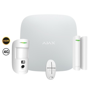 Kit de alarme profissional - Certificado Grau 2 - Comunicação Ethernet e dual SIM 4G (LTE) - Sem fios 868 MHz Jeweller e Wings - Ajax HUB 2, 1 PIRCAM HDR - 1 Contacto magnético e 1 controlo