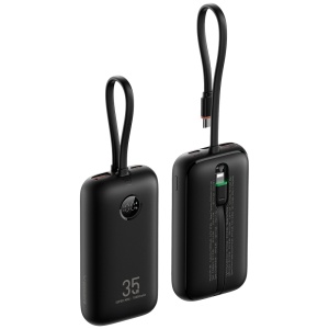 Mini Power Bank VEGER com ecrã LCD - Capacidade 10000mAh - Entradas USB-C, cabo USB-C - Saídas USB-C, USB-A e cabos integrados - Cabos integrados: USB-C e Lightning - Carregamento rápido de dispositivos 4 ao mesmo tempo