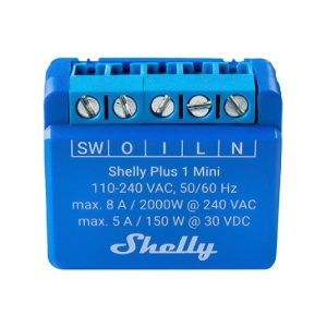 Relé Shelly Plus 1 Mini - Contacto sem potencial para CA e CC - Relé de 1 canal / Contacto seco - Controlo local e remoto através de Wi-Fi e da aplicação Shelly - Suporta A C110-240V - Compatível com Alexa e Google