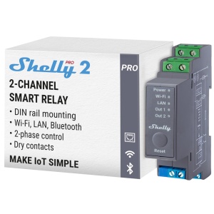 Relé Shelly Pro 2 - Controlador Inteligente para Calha DIN - Relé de 2 canais independentes / contacto seco - WiFi 2.4GHz / Bluetooth / LAN - Suporta A C110-240V / DC 30V - Compatível com Alexa e Google