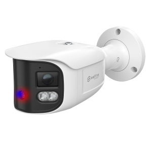 Safire Smart - Câmara Bullet IP gama I1 panorâmica dissuasora - Resolução 8 Megapixel (4640x1760) - Lente 2x2.8 mm (180º) | Metadados de vídeo - IA: Classificação de humano e veículo - IP66 | PoE.af | Altifalante e flash policial