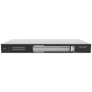 Switch PoE en la nube administrado de capa 2 Uniview - 24 PoE802.3af/at + 2 RJ45 de enlace ascendente + 2 SFP - 24 RJ45 GE + 2 GE + 2 SFP - 30 W por puerto 802.3af/at / Máx. 370 W - VLAN/Aislamiento de puerto/Detección de bucles - Límite de velocidad del puerto
