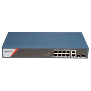 Switch PoE Hikvision - 8 puertos RJ45 GE + 2 puertos Gigabit RJ45/SFP [%VAR%] - 8 puertos PoE+ 802.3af/at/bt - Hasta 130 W de potencia PoE total - PoE Extended / PoE Watchdog / Aislamiento de puertos - Instalación en rack/pared/escritorio