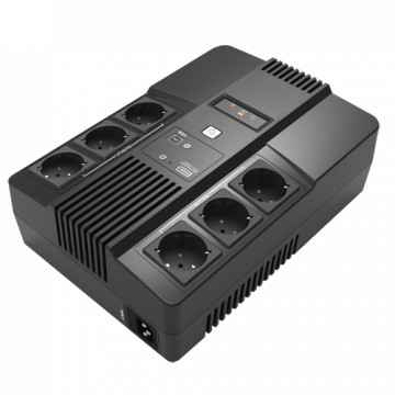 UPS monofásica line-interactive - Potencia 800VA/480W - Entrada 220~240 Vac /Saída 230 Vac - 6 saídas protegidas (3 UPS, 3 Bypass) - Tempo de recarga 6~8 h - Bateria de chumbo-ácido selada (incluída)