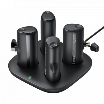 VEGER 4 Power banks com base de carregamento - Capacidade 5000mAh / Power bank - Entradas Pino POGO, USB-C, conetor USB-C - Saídas 2 com Lightning, 2 com USB-C - Carrega 4 Power banks de cada vez - Carregamento rápido PD20W