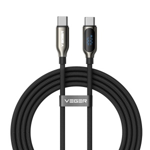 Veger - Cabo USB 2.0 para qualquer dispositivo - USB-C para USB-C - Conector em liga de zinco com ecrã digital - Carregamento rápido PD 100W | 480Mbps - Comprimento 1.5m | Cor preta