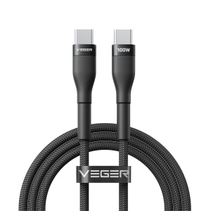 Veger - Cabo USB 2.0 para qualquer dispositivo - USB-C para USB-C - Revestimento metálico, Nylon trançado - Carregamento rápido PD 100W | 480Mbps - Comprimento 1.5m | Cor preta