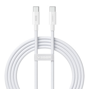 Veger - Cabo USB 2.0 para qualquer dispositivo - USB-C para USB-C - Revestimento metálico, nylon trançado com ABS - Carregamento rápido PD 60W | 480Mbps - Comprimento 1.2m | Cor branca