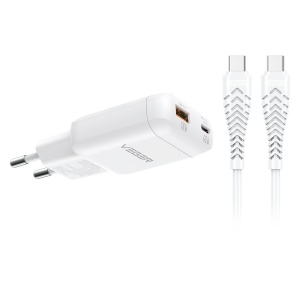 VEGER - Carregador de parede - Carregamento rápido 45W | Com tecnologia GaN - Saídas USB-C, USB-A - Cabo USB-C para USB-C 1.2m incluído - Cor branco