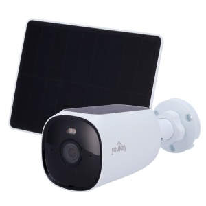 Youkey Câmara com Painel Solar - 4 MP | 2.2 mm | IV 10 m - Bateria 10000 mAh | Painel 3 W - Deteção de corpos humanos | Deteção de veículos - Dissuasão ativa | Luz branca e altifalante - Wi-Fi | Microfone | Altifalante | microSD | IP67