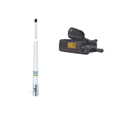 UNIDEN UM-385BK/5101 Kit de radio movil VHF marino modelo UM-385 color negro y antena marina Shakespeare en fibra de vidrio 5101