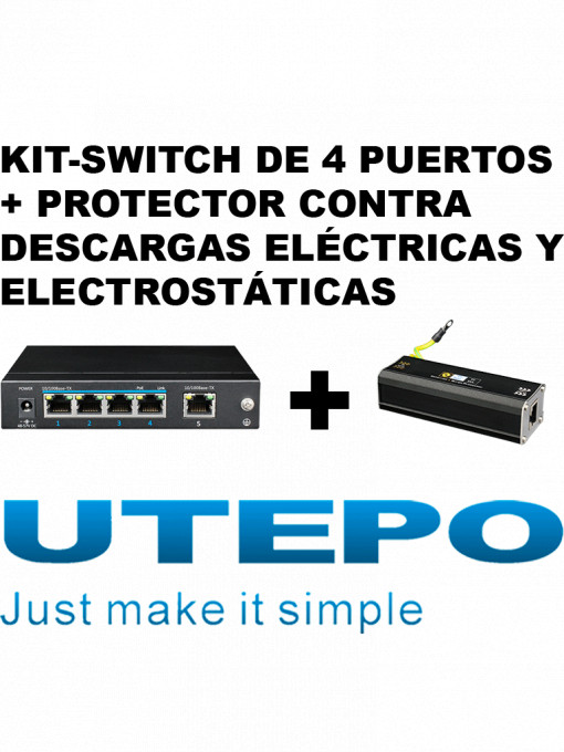 UTEPO UGC4550001 KIT- Switch UTEPO con protector contra descargas electricas y electrostaticas/ Switch PoE de 5 Puertos Fast Ethernet/ 4 Puertos PoE/ 60 Watts Totales/802.3af & at/ No administrable/Pr