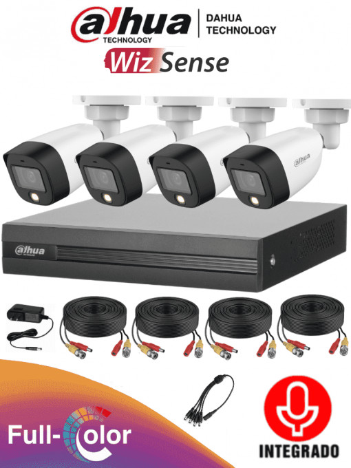 DAHUA DHT0250020 DAHUA FULLCOLORKIT-A - Kit de 4 Canales Full Color de 2 Megapixeles con Audio/ DVR Cooper-I WizSense/ Con IA/ 4 Camaras Full color de 2 Megapixeles con Microfono Integrado/ 4 Ch 1 IP