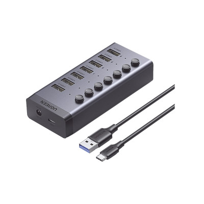 UGREEN 30778 HUB de 7 Puertos USB 3.0 / 4 puertos de Carga Inteligente / Interruptor Individual / Indicadores LED / USB 3.0 a 5Gbps / 1 USB-C Hembra (solo datos) / Incluye Adaptador de Corriente 12V 2