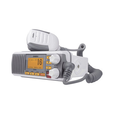 UNIDEN UM-385 Radio Movil Marino VHF color blanco Tx: 156.025 - 157.425 MHz Rx: 156.050 - 163.275 MHz 25W de potencia sumergible IPX4 incluye microfono y cable de alimentacion