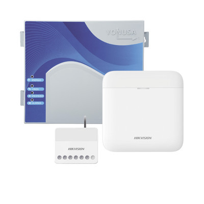HIKVISION DS-PWA48-SYSNG (AX PRO YONUSA) KIT de Alarma AX PRO / Incluye: 1 Hub con bateria de respaldo / 1 Energizador 2500Mts Lineales / 1 Relevador 0 a 36 Vcc (Max. 5 A) con Entrada de Alarma 27/7