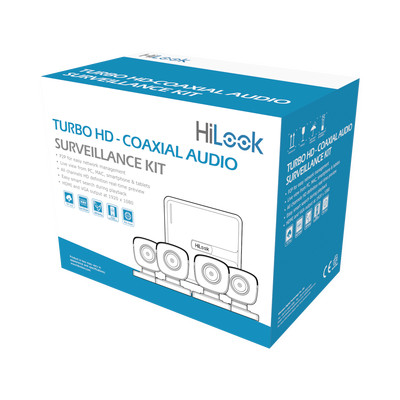 HiLook by HIKVISION HL1080PS(C) (MICROFONO Integrado) Kit TurboHD 1080p Lite / DVR 4 canales / Audio por Coaxitron / 4 Camaras Bala de Policarbonato con Microfono Integrado