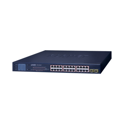 PLANET GSW-2620VHP Switch PoE de 24 Puertos Gigabit 802.3af/at con Modo Extendido 250 m 2 Puertos SFP 1000SX Pantalla LCD para Configuracion Basica Hasta 300 W para PoE