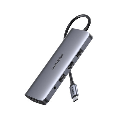 UGREEN 80133 HUB USB-C Multipuertos / 3 USB-A 3.0 / HDMI 4K30Hz / RJ45 (Gigabit Ethernet) / VGA / Lector Tarjeta SDTF / Jack Audio 3.5mm / USB C PD Carga 100W / 10 en 1 / Carcasa de Aluminio.